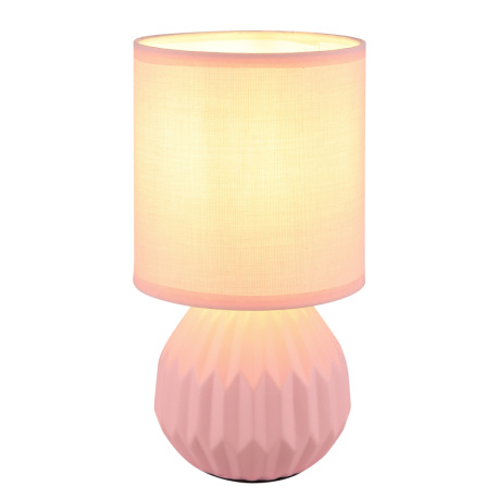 Stolní lampa, růžová keramika, růžový textil, bílý PVC kabel, kolébkový vypínač na kabelu, Ø:12cm, V:23cm, délka kabelu 130cm, bez žárovky 1xE14, max. 40W 230V