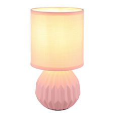 Stolní lampa, růžová keramika, růžový textil, bílý PVC kabel, kolébkový vypínač na kabelu, Ø:12cm, V:23cm, délka kabelu 130cm, bez žárovky 1xE14, max. 40W 230V