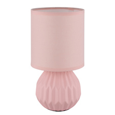 Stolní lampa, růžová keramika, růžový textil, bílý PVC kabel, kolébkový vypínač na kabelu, Ø:12cm, V:23cm, délka kabelu 130cm, bez žárovky 1xE14, max. 40W 230V