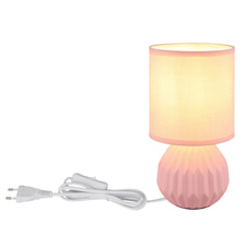 Stolní lampa, růžová keramika, růžový textil, bílý PVC kabel, kolébkový vypínač na kabelu, Ø:12cm, V:23cm, délka kabelu 130cm, bez žárovky 1xE14, max. 40W 230V