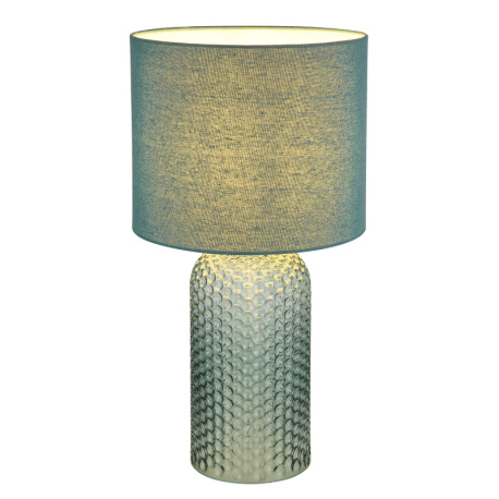 Stolní lampa, světle zelené sklo, světle zelený textil, bílý PVC kabel, kolébkový vypínač na kabelu Ø:26,5cm, V:50cm, Délka kabelu: 130cm, bez žárovky 1xE27, max. 60W 230V