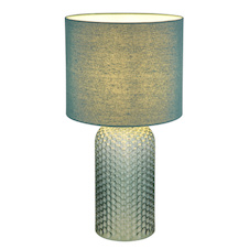 Stolní lampa, světle zelené sklo, světle zelený textil, bílý PVC kabel, kolébkový vypínač na kabelu Ø:26,5cm, V:50cm, Délka kabelu: 130cm, bez žárovky 1xE27, max. 60W 230V