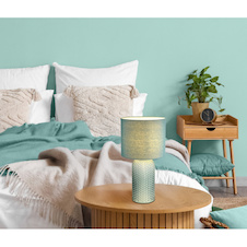 Stolní lampa, světle zelené sklo, světle zelený textil, bílý PVC kabel, kolébkový vypínač na kabelu Ø:26,5cm, V:50cm, Délka kabelu: 130cm, bez žárovky 1xE27, max. 60W 230V