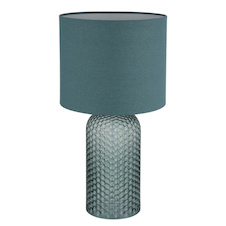 Stolní lampa, světle zelené sklo, světle zelený textil, bílý PVC kabel, kolébkový vypínač na kabelu Ø:26,5cm, V:50cm, Délka kabelu: 130cm, bez žárovky 1xE27, max. 60W 230V