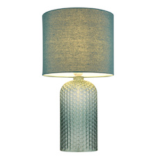 Stolní lampa, světle zelené sklo, světle zelený textil, bílý PVC kabel, kolébkový vypínač na kabelu Ø:26,5cm, V:50cm, Délka kabelu: 130cm, bez žárovky 1xE27, max. 60W 230V