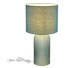 Stolní lampa, světle zelené sklo, světle zelený textil, bílý PVC kabel, kolébkový vypínač na kabelu Ø:26,5cm, V:50cm, Délka kabelu: 130cm, bez žárovky 1xE27, max. 60W 230V
