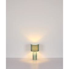 Stolní lampa, světle zelené sklo, světle zelený textil, bílý PVC kabel, kolébkový vypínač na kabelu Ø:26,5cm, V:50cm, Délka kabelu: 130cm, bez žárovky 1xE27, max. 60W 230V