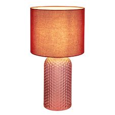 Stolní lampa, červené sklo, červený textil, bílý PVC kabel, kolébkový vypínač na kabelu, Ø:26,5cm, V:50cm, délka kabelu: 130cm, bez žárovky 1xE27, max. 60W 230V