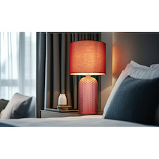 Stolní lampa, červené sklo, červený textil, bílý PVC kabel, kolébkový vypínač na kabelu, Ø:26,5cm, V:50cm, délka kabelu: 130cm, bez žárovky 1xE27, max. 60W 230V