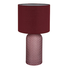 Stolní lampa, červené sklo, červený textil, bílý PVC kabel, kolébkový vypínač na kabelu, Ø:26,5cm, V:50cm, délka kabelu: 130cm, bez žárovky 1xE27, max. 60W 230V