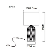 Stolní lampa, červené sklo, červený textil, bílý PVC kabel, kolébkový vypínač na kabelu, Ø:26,5cm, V:50cm, délka kabelu: 130cm, bez žárovky 1xE27, max. 60W 230V