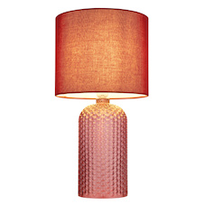 Stolní lampa, červené sklo, červený textil, bílý PVC kabel, kolébkový vypínač na kabelu, Ø:26,5cm, V:50cm, délka kabelu: 130cm, bez žárovky 1xE27, max. 60W 230V