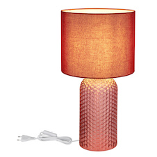 Stolní lampa, červené sklo, červený textil, bílý PVC kabel, kolébkový vypínač na kabelu, Ø:26,5cm, V:50cm, délka kabelu: 130cm, bez žárovky 1xE27, max. 60W 230V