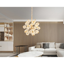 Závěsné svítidlo, zlatý kov, čiré skleněné krystaly, Ø:65cm, V:13,5cm, LED 70W, zdroj 7600 lm, výstup 6800 lm, 3000K
