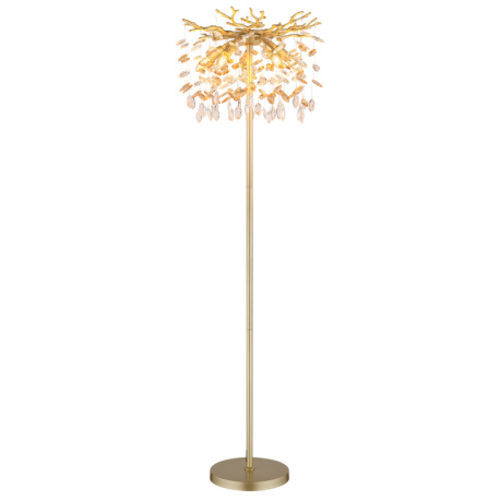 Stojací lampa, kov matné zlaté barvy, jantarové a čiré skleněné krystaly, PVC kabel, nožní vypínač na kabelu, flexibilní objímky, Ø:46cm, V:155cm, délka kabelu: 180cm, bez žárovek 5xE14, max. 40W 230V