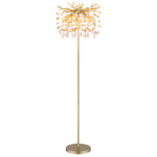 Stojací lampa, kov matné zlaté barvy, jantarové a čiré skleněné krystaly, PVC kabel, nožní vypínač na kabelu, flexibilní objímky, Ø:46cm, V:155cm, délka kabelu: 180cm, bez žárovek 5xE14, max. 40W 230V