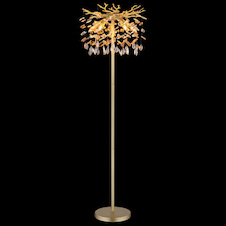 Stojací lampa, kov matné zlaté barvy, jantarové a čiré skleněné krystaly, PVC kabel, nožní vypínač na kabelu, flexibilní objímky, Ø:46cm, V:155cm, délka kabelu: 180cm, bez žárovek 5xE14, max. 40W 230V