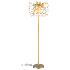Stojací lampa, kov matné zlaté barvy, jantarové a čiré skleněné krystaly, PVC kabel, nožní vypínač na kabelu, flexibilní objímky, Ø:46cm, V:155cm, délka kabelu: 180cm, bez žárovek 5xE14, max. 40W 230V