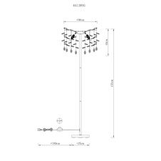 Stojací lampa, kov matné zlaté barvy, jantarové a čiré skleněné krystaly, PVC kabel, nožní vypínač na kabelu, flexibilní objímky, Ø:46cm, V:155cm, délka kabelu: 180cm, bez žárovek 5xE14, max. 40W 230V