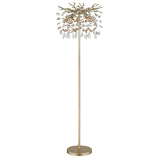 Stojací lampa, kov matné zlaté barvy, jantarové a čiré skleněné krystaly, PVC kabel, nožní vypínač na kabelu, flexibilní objímky, Ø:46cm, V:155cm, délka kabelu: 180cm, bez žárovek 5xE14, max. 40W 230V