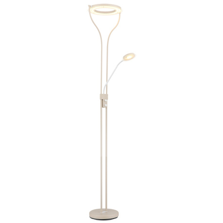 Stojací lampa, kov, matná písková barva, bílý kov, čiré/satinované sklo, bílý PVC kabel, otočný stmívač, DxŠxV:35x31x194cm, délka kabelu: 180cm, LED 20W, zdroj 2500lm, výstup 1800lm, 3000K, čtecí LED 4W, zdroj 380lm, výstup 300lm, 3000K