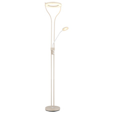 Stojací lampa, kov, matná písková barva, bílý kov, čiré/satinované sklo, bílý PVC kabel, otočný stmívač, DxŠxV:35x31x194cm, délka kabelu: 180cm, LED 20W, zdroj 2500lm, výstup 1800lm, 3000K, čtecí LED 4W, zdroj 380lm, výstup 300lm, 3000K