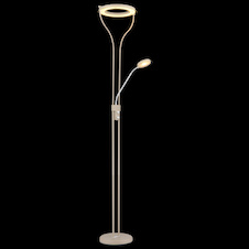 Stojací lampa, kov, matná písková barva, bílý kov, čiré/satinované sklo, bílý PVC kabel, otočný stmívač, DxŠxV:35x31x194cm, délka kabelu: 180cm, LED 20W, zdroj 2500lm, výstup 1800lm, 3000K, čtecí LED 4W, zdroj 380lm, výstup 300lm, 3000K