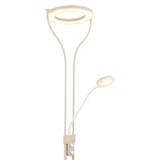 Stojací lampa, kov, matná písková barva, bílý kov, čiré/satinované sklo, bílý PVC kabel, otočný stmívač, DxŠxV:35x31x194cm, délka kabelu: 180cm, LED 20W, zdroj 2500lm, výstup 1800lm, 3000K, čtecí LED 4W, zdroj 380lm, výstup 300lm, 3000K