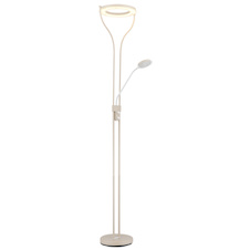 Stojací lampa, kov, matná písková barva, bílý kov, čiré/satinované sklo, bílý PVC kabel, otočný stmívač, DxŠxV:35x31x194cm, délka kabelu: 180cm, LED 20W, zdroj 2500lm, výstup 1800lm, 3000K, čtecí LED 4W, zdroj 380lm, výstup 300lm, 3000K