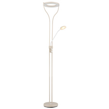 Stojací lampa, kov, matná písková barva, bílý kov, čiré/satinované sklo, bílý PVC kabel, otočný stmívač, DxŠxV:35x31x194cm, délka kabelu: 180cm, LED 20W, zdroj 2500lm, výstup 1800lm, 3000K, čtecí LED 4W, zdroj 380lm, výstup 300lm, 3000K