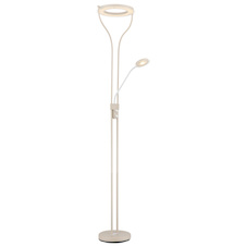 Stojací lampa, kov, matná písková barva, bílý kov, čiré/satinované sklo, bílý PVC kabel, otočný stmívač, DxŠxV:35x31x194cm, délka kabelu: 180cm, LED 20W, zdroj 2500lm, výstup 1800lm, 3000K, čtecí LED 4W, zdroj 380lm, výstup 300lm, 3000K