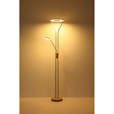 Stojací lampa, kov, matná písková barva, bílý kov, čiré/satinované sklo, bílý PVC kabel, otočný stmívač, DxŠxV:35x31x194cm, délka kabelu: 180cm, LED 20W, zdroj 2500lm, výstup 1800lm, 3000K, čtecí LED 4W, zdroj 380lm, výstup 300lm, 3000K