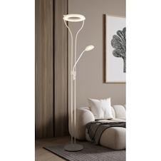 Stojací lampa, kov, matná písková barva, bílý kov, čiré/satinované sklo, bílý PVC kabel, otočný stmívač, DxŠxV:35x31x194cm, délka kabelu: 180cm, LED 20W, zdroj 2500lm, výstup 1800lm, 3000K, čtecí LED 4W, zdroj 380lm, výstup 300lm, 3000K
