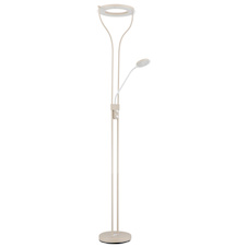 Stojací lampa, kov, matná písková barva, bílý kov, čiré/satinované sklo, bílý PVC kabel, otočný stmívač, DxŠxV:35x31x194cm, délka kabelu: 180cm, LED 20W, zdroj 2500lm, výstup 1800lm, 3000K, čtecí LED 4W, zdroj 380lm, výstup 300lm, 3000K