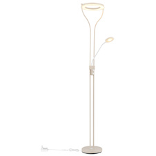 Stojací lampa, kov, matná písková barva, bílý kov, čiré/satinované sklo, bílý PVC kabel, otočný stmívač, DxŠxV:35x31x194cm, délka kabelu: 180cm, LED 20W, zdroj 2500lm, výstup 1800lm, 3000K, čtecí LED 4W, zdroj 380lm, výstup 300lm, 3000K