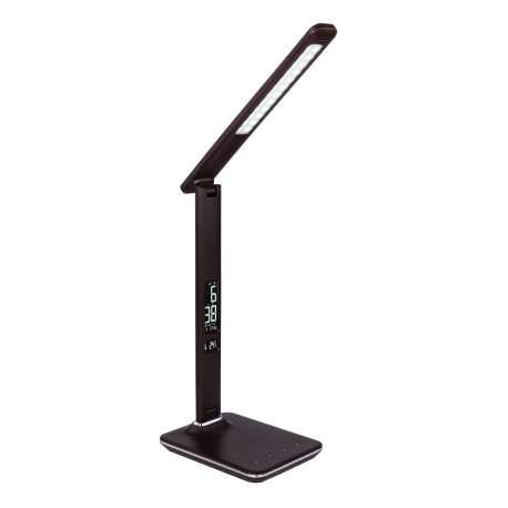 Stolní lampa, plast hnědý, imitace kůže, chrom, čas, datum, teploměr, stmívatelné, fixace barev, dotykový stmívač, DxŠxV:550x140x590, včetně 1xLED 7W 230V, 11-278lm, změna barvy 3000-4500-5500K