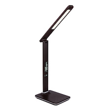 Stolní lampa, plast hnědý, imitace kůže, chrom, čas, datum, teploměr, stmívatelné, fixace barev, dotykový stmívač, DxŠxV:550x140x590, včetně 1xLED 7W 230V, 11-278lm, změna barvy 3000-4500-5500K