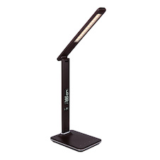 Stolní lampa, plast hnědý, imitace kůže, chrom, čas, datum, teploměr, stmívatelné, fixace barev, dotykový stmívač, DxŠxV:550x140x590, včetně 1xLED 7W 230V, 11-278lm, změna barvy 3000-4500-5500K