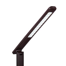 Stolní lampa, plast hnědý, imitace kůže, chrom, čas, datum, teploměr, stmívatelné, fixace barev, dotykový stmívač, DxŠxV:550x140x590, včetně 1xLED 7W 230V, 11-278lm, změna barvy 3000-4500-5500K