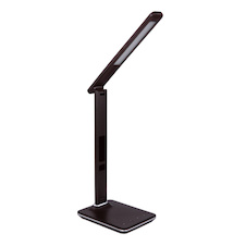 Stolní lampa, plast hnědý, imitace kůže, chrom, čas, datum, teploměr, stmívatelné, fixace barev, dotykový stmívač, DxŠxV:550x140x590, včetně 1xLED 7W 230V, 11-278lm, změna barvy 3000-4500-5500K