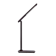 Stolní lampa, plast hnědý, imitace kůže, chrom, čas, datum, teploměr, stmívatelné, fixace barev, dotykový stmívač, DxŠxV:550x140x590, včetně 1xLED 7W 230V, 11-278lm, změna barvy 3000-4500-5500K