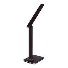 Stolní lampa, plast hnědý, imitace kůže, chrom, čas, datum, teploměr, stmívatelné, fixace barev, dotykový stmívač, DxŠxV:550x140x590, včetně 1xLED 7W 230V, 11-278lm, změna barvy 3000-4500-5500K