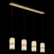 Závěsná lampa kov zlaté barvy antik, kov černý matný, křišťálové čiré sklo, kabel PVC černý, výškově nastavitelná, DxŠxV: 845x95x1500mm, včetně LED 35W 230V, zdroj 3900lm, výstup 2000lm,
