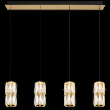 Závěsná lampa kov zlaté barvy antik, kov černý matný, křišťálové čiré sklo, kabel PVC černý, výškově nastavitelná, DxŠxV: 845x95x1500mm, včetně LED 35W 230V, zdroj 3900lm, výstup 2000lm,