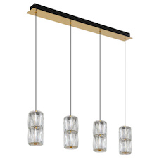 Závěsná lampa kov zlaté barvy antik, kov černý matný, křišťálové čiré sklo, kabel PVC černý, výškově nastavitelná, DxŠxV: 845x95x1500mm, včetně LED 35W 230V, zdroj 3900lm, výstup 2000lm,