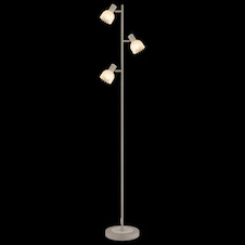 Stojící lampa, kov matné pískové barvy, kov s imitací dřeva, saténové sklo, kabel PVC černý, nožní spínač, DxŠxV: 280x230x1540mm, délka kabelu 1800mm, bez žárovek 3x E14,max. 40W 230V