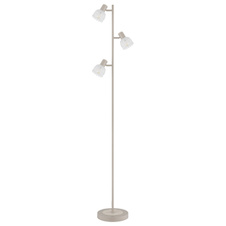 Stojící lampa, kov matné pískové barvy, kov s imitací dřeva, saténové sklo, kabel PVC černý, nožní spínač, DxŠxV: 280x230x1540mm, délka kabelu 1800mm, bez žárovek 3x E14,max. 40W 230V