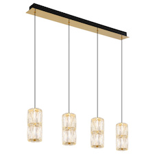 Závěsná lampa kov zlaté barvy antik, kov černý matný, křišťálové čiré sklo, kabel PVC černý, výškově nastavitelná, DxŠxV: 845x95x1500mm, včetně LED 35W 230V, zdroj 3900lm, výstup 2000lm,