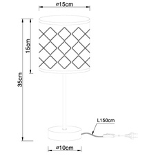 Stolní lampa, kov nikl matný, textil černý a zlatý, stínidlo s ozdobným děrováním, kabel 1,5m, vypínač, Ø15cm, V:35cm, bez žárovky 1xE14, max. 40W 230V.