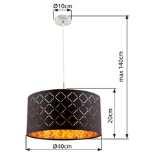 Závěsné svítidlo, kov nikl matný, tkanina zlato-černá, stínidlo s ozdobným děrováním, Ø40cm, V:140cm, bez žárovky 1xE27, max. 60W 230V.